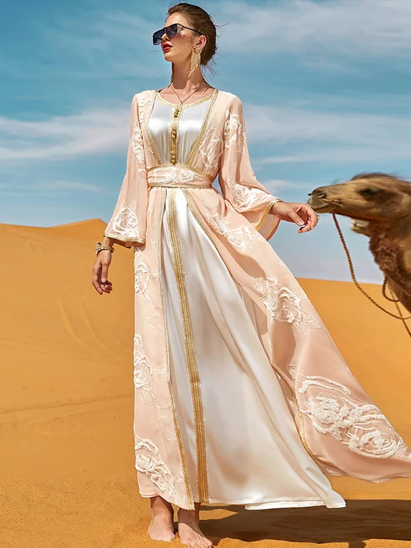 Vacation Loose Long Sleeves Embroidered Solid Color Round-Neck Dress