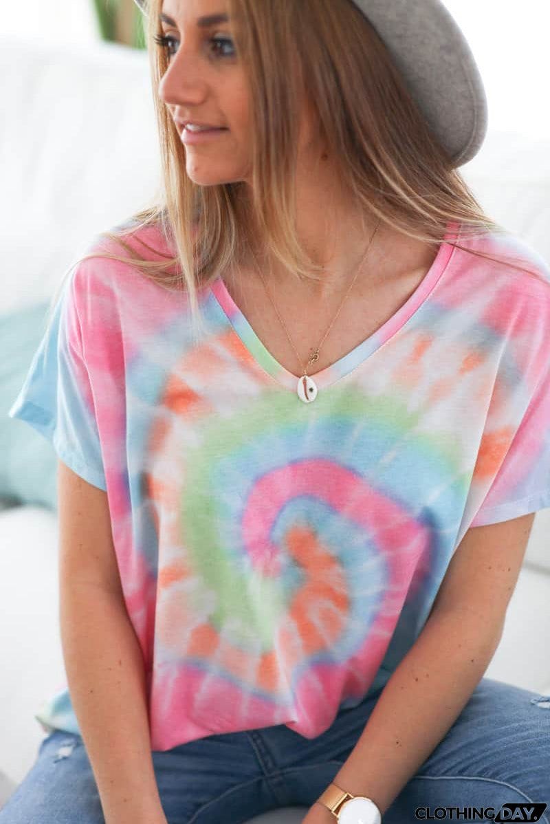 Tie-dye Short Sleeve V Neck T-Shirt