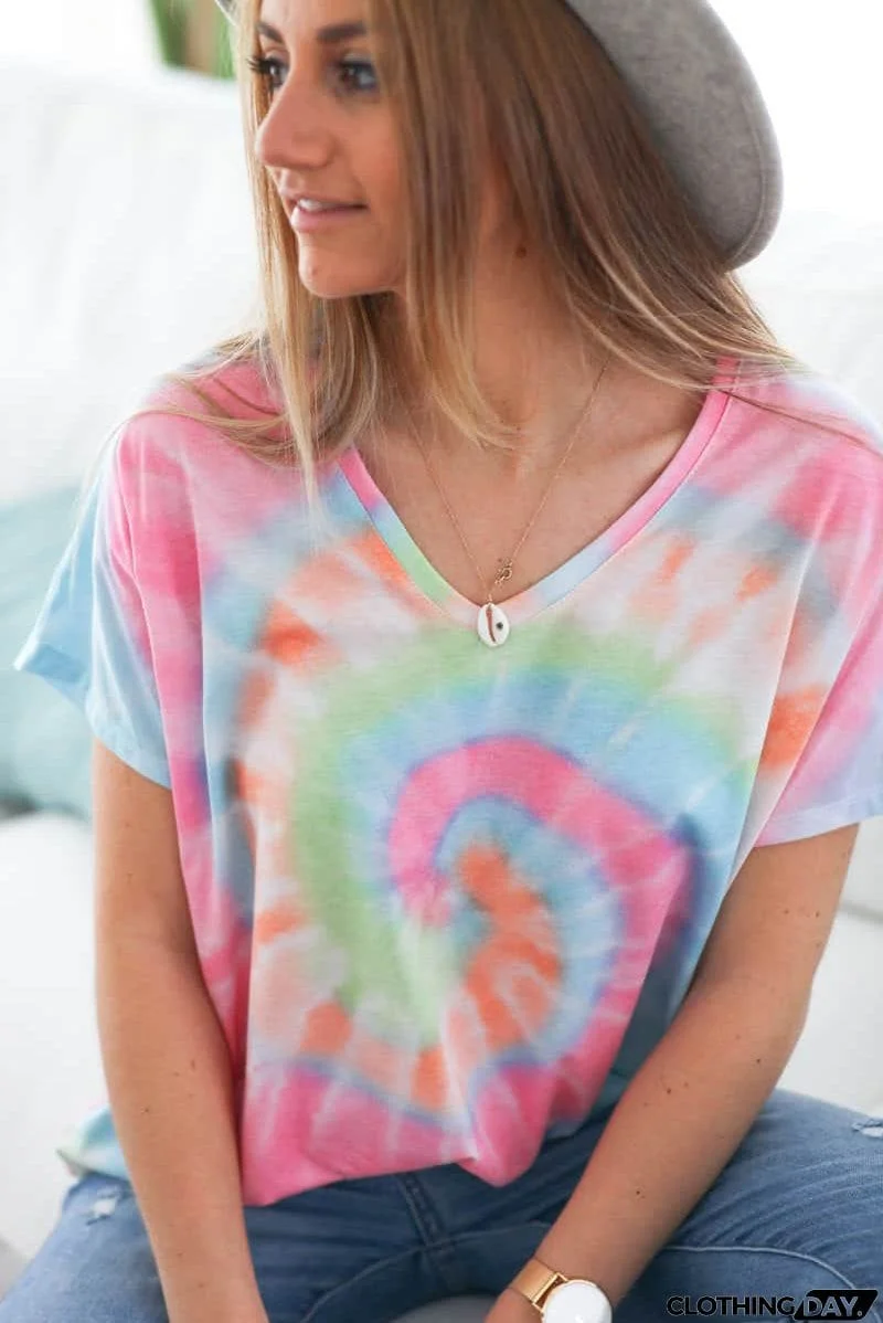 Tie-dye Short Sleeve V Neck T-Shirt