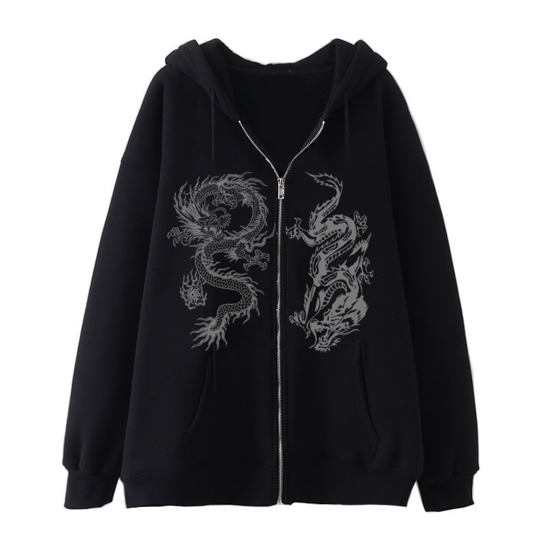 Unisex Dragon Print Zipper Sweatshirt European And American Street Trend Hoodie Trendy Loose Fleece Jacket / TECHWEAR CLUB / Techwear
