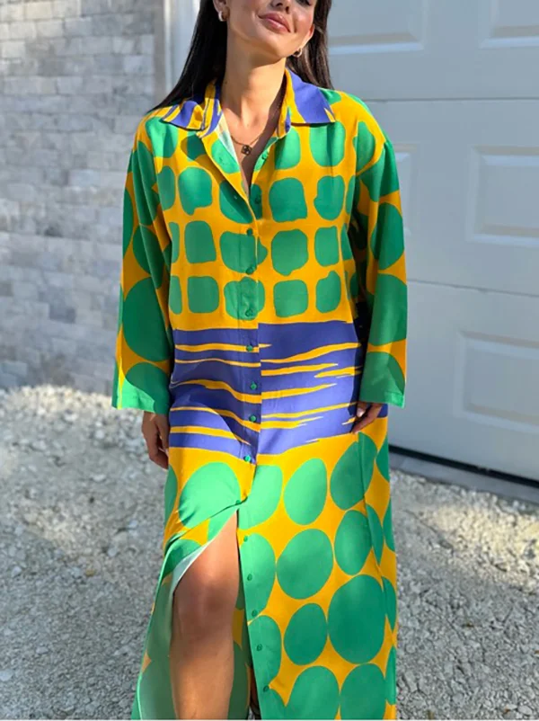 Effortless Style - Long-Sleeved Maxi Dresses with Loose Fit, Buttoned Front, Printed Lapel, and ...