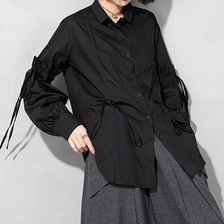 Unique Loose Solid Color Lapel Drawstring Long Sleeve Splicing Fungus Edge Single-breasted Shirt