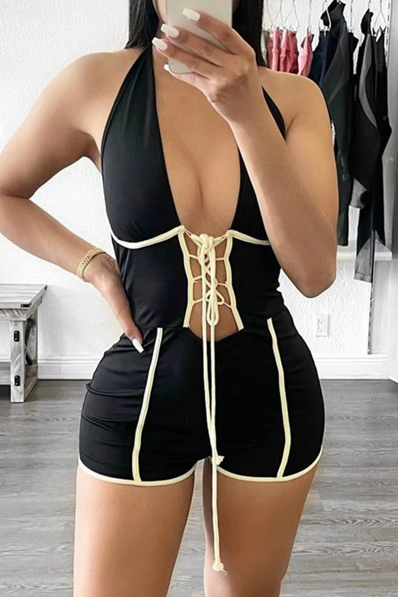 Fashion Sexy Solid Bandage Backless Halter Skinny Romper