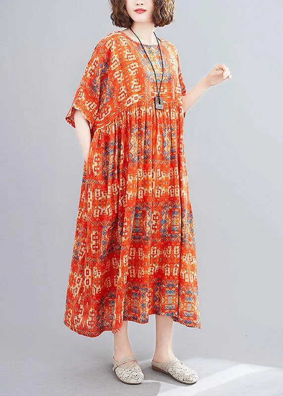 Women Red Pockets Print Holiday Dress O Neck Cotton Dress