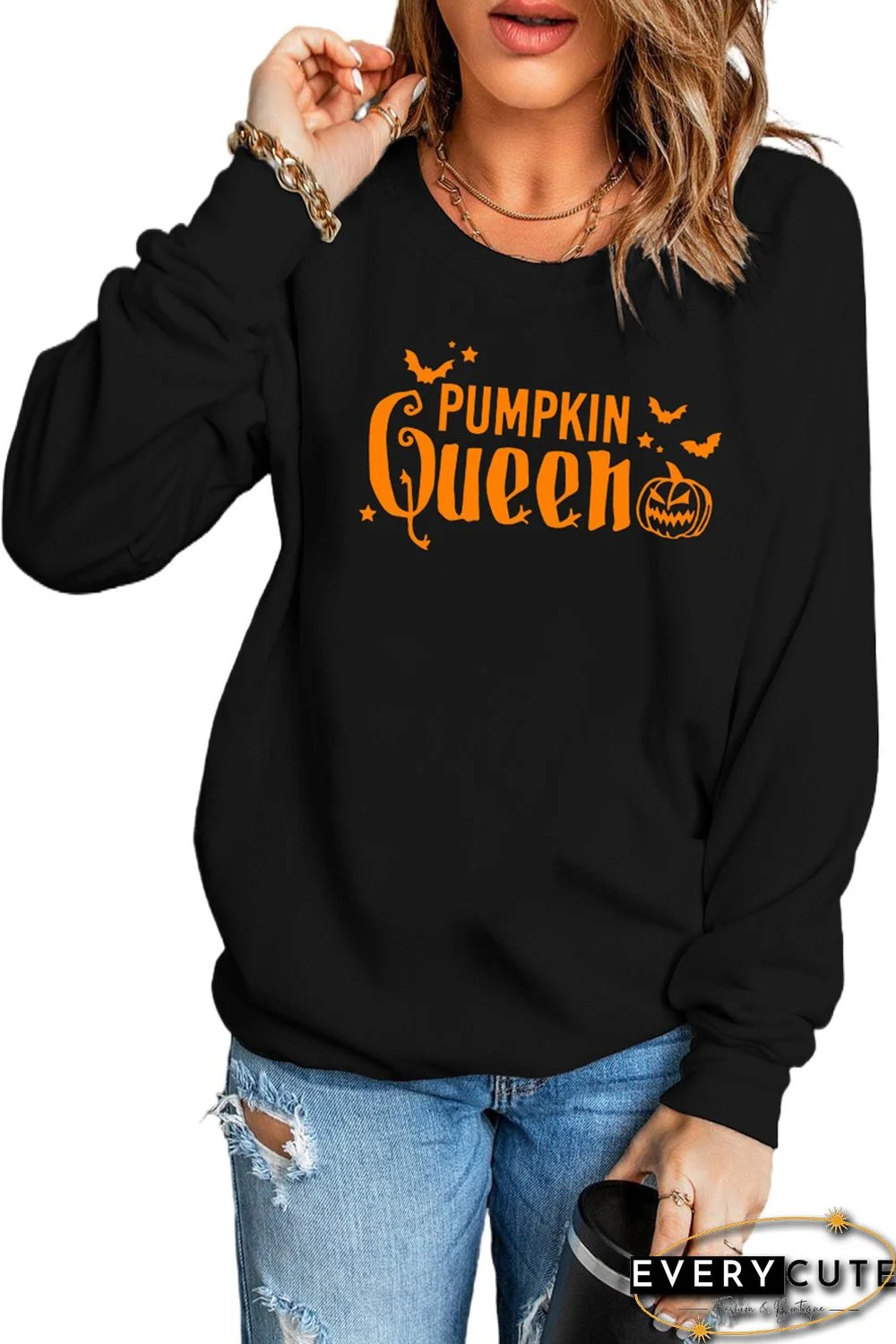 Black Pumpkin Queen Graphic Print Long Sleeve Sweatshirt