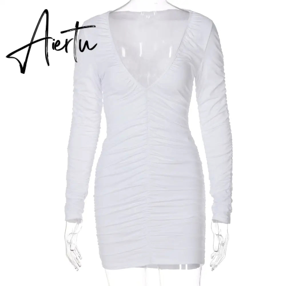 Aiertu   Solid Ruched Long Sleeve Deep V Neck Pleated Mini Sexy Dress Summer Autumn Women Fashion Outfits Party Club Y2K Aiertu