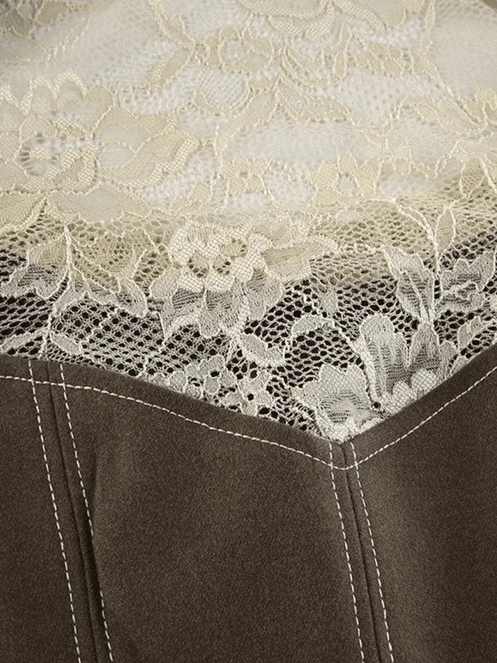 Brownm Patchwork Lace Button Down Corset Top