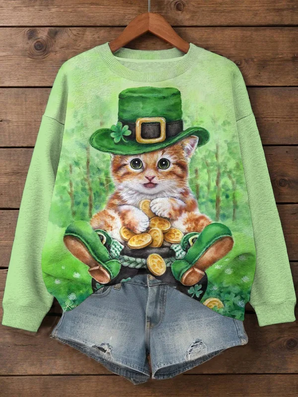 Women's St. Patrick's Day Cat Art Print Casual Sweatshirt