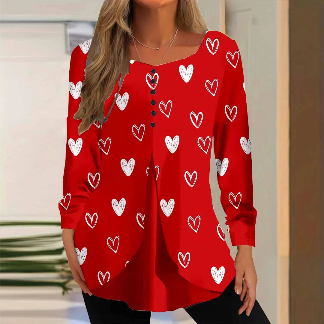 Women Graphic,Red DZGG8259 Long Sleeve Scoop Neck Printed Graphic Button Fake 2in1 Tops