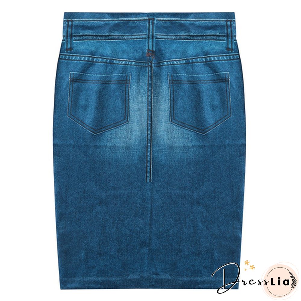 Women Fashion Print Seamless Skirt Faux Denim Jean Skirts Short Slim High Waist Elastic Mini Dress Plus Size