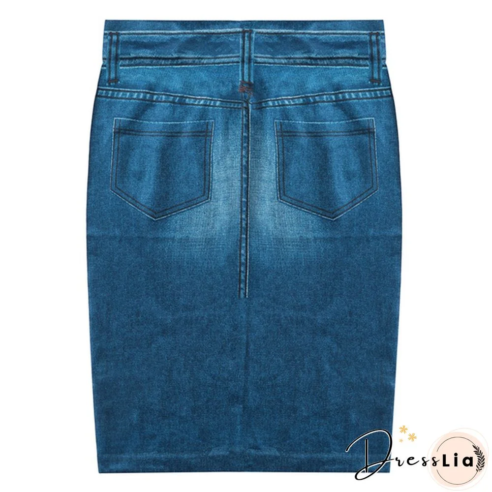 Women Fashion Print Seamless Skirt Faux Denim Jean Skirts Short Slim High Waist Elastic Mini Dress Plus Size