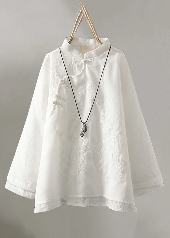 New White Embroidered Button Cotton Shirts Long Sleeve