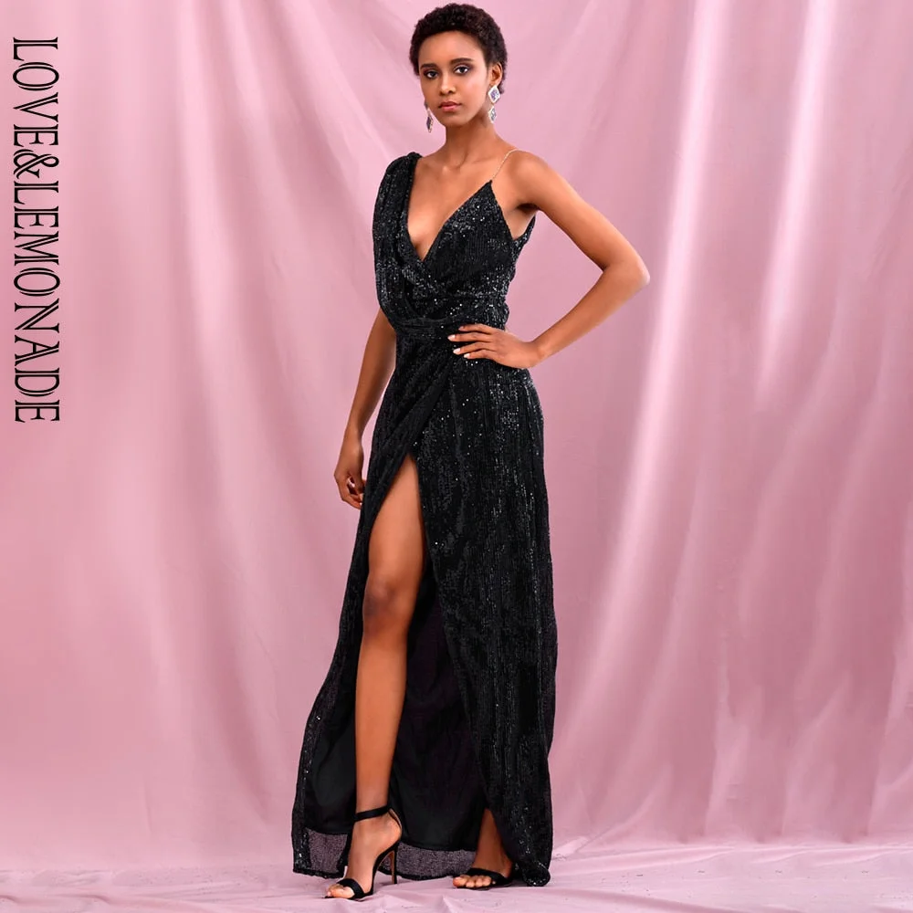 Sexy Black Deep V-Neck Whit Split Sequins Party Maxi Dress LM81849