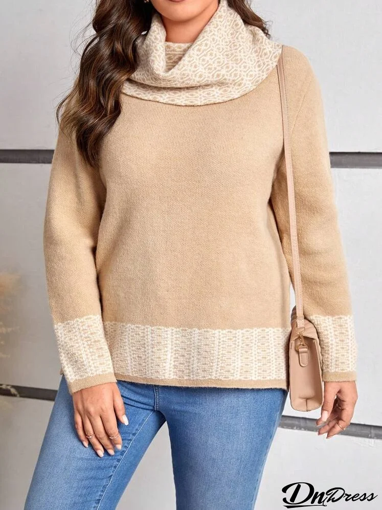 Women's Plus Size Color Block Slouchy Turtleneck Casual Sweater