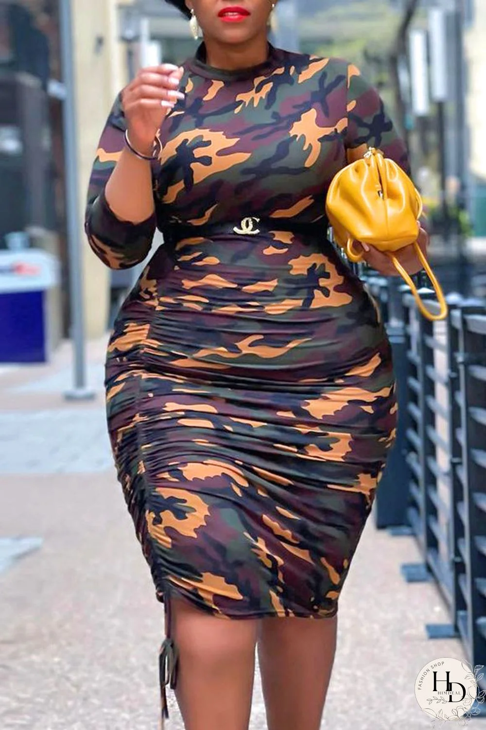 Camouflage Casual Camouflage Print Patchwork Draw String Fold O Neck Pencil Skirt Plus Size Dresses