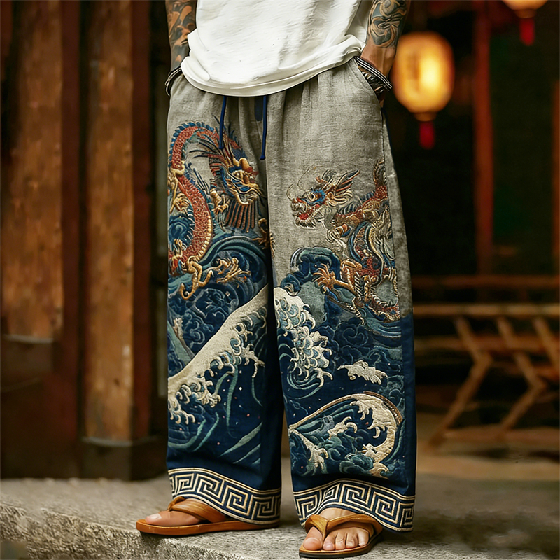 Men's Japanese Dragons & Sea Waves Art Linen Pants artswardrobe
