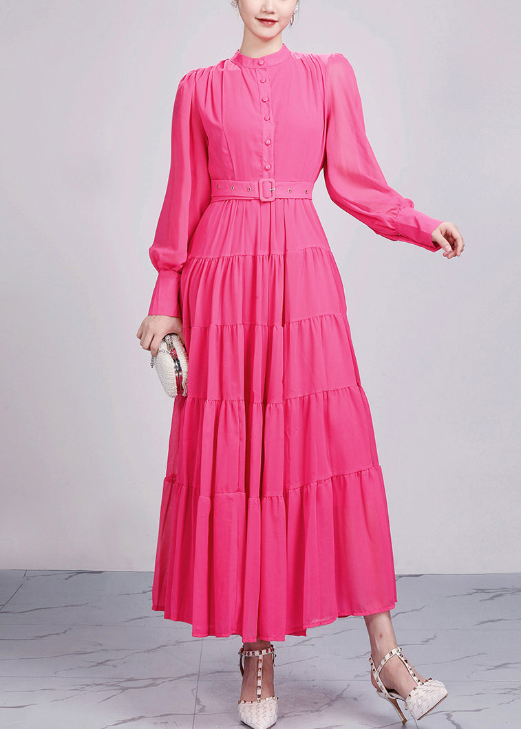 VCSHOES Red Stand Collar Wrinkled Chiffon Dresses Long Sleeve
