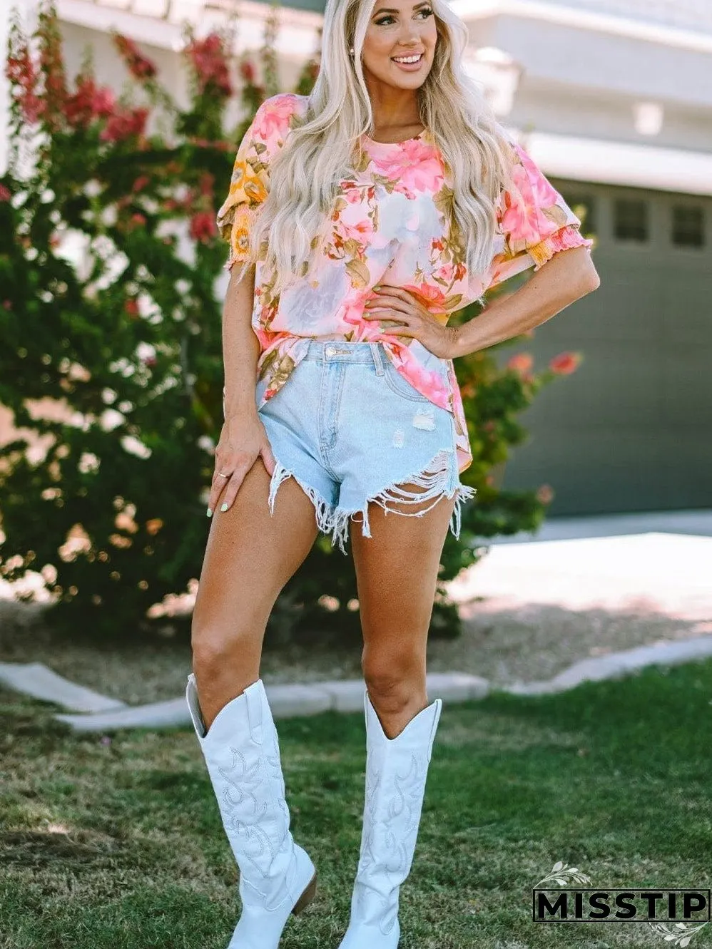 Pink Floral Loose Fit Blouse with Shirred Cuffs