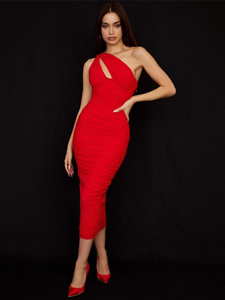 Mozision Elegant One Shoulder Ruched Midi Dress For Women Club Party Outfits Summer New Sleeveless Backless Bodycon Long Dress