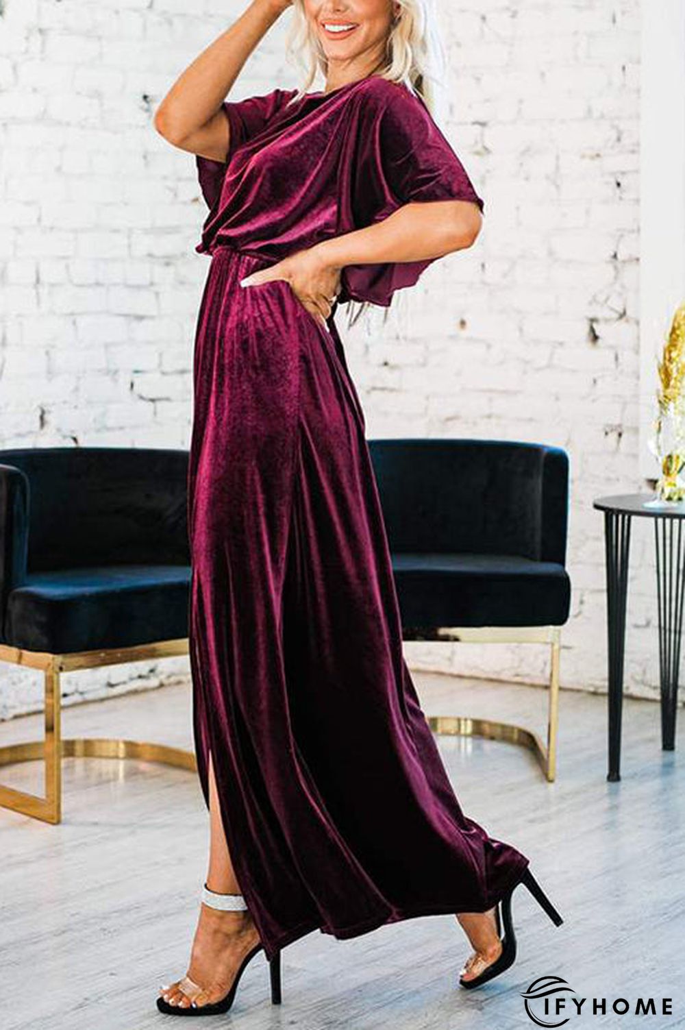Velvet Wlastic Waist Slit Maxi Dress | IFYHOME