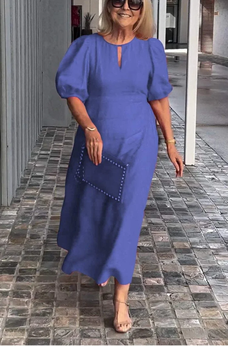 Women Half Sleeve V-neck Solid Color Dress