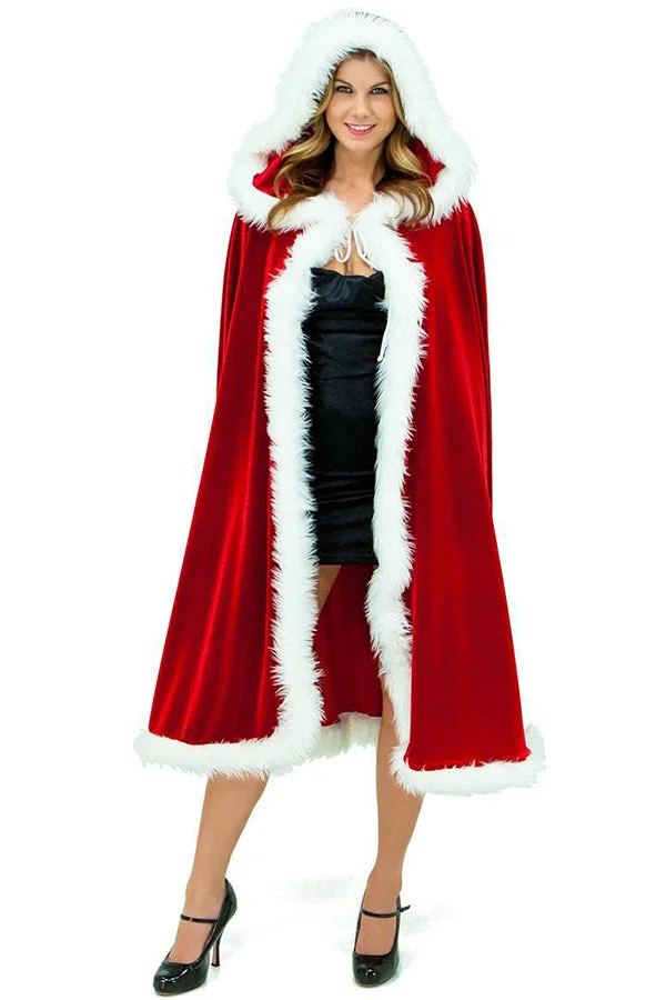 Red Classic Ladies Hooded Cloak Christmas Santa Costume-elleschic