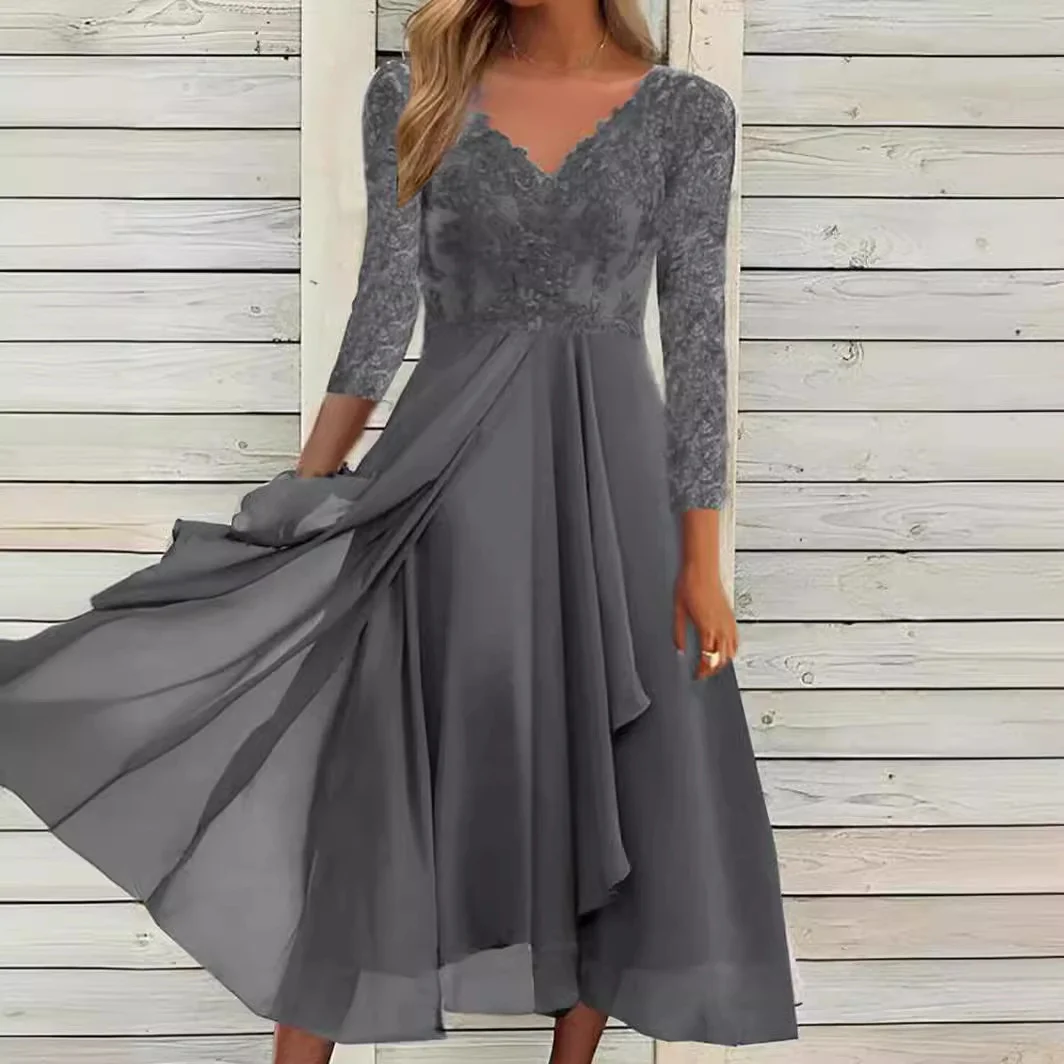 Brownm Brownm And Winter Long-Sleeved Chiffon Dress Splicing V-Neck Lace Hollow-Out Bridesmaid Evening Dress