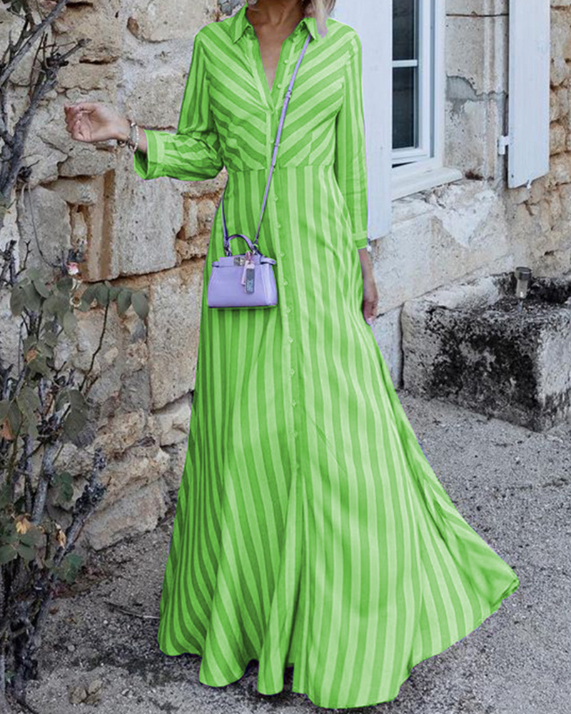 Vertical Striped Shirt Collar Three Quarter Sleeve Maxi Dress