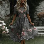 Women's Floral Art Print Flowy Linen Blend Casual Short Sleeve Maxi Dress - Image 7