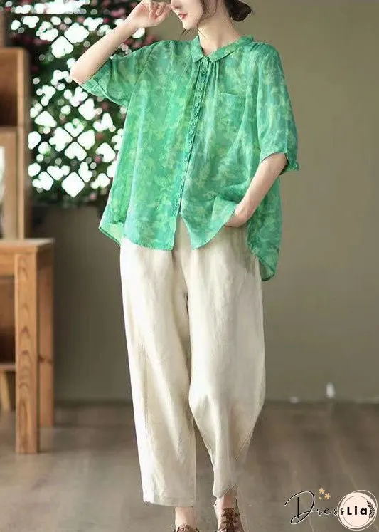 Plus Size Green Peter Pan Collar Patchwork Linen Blouses Summer