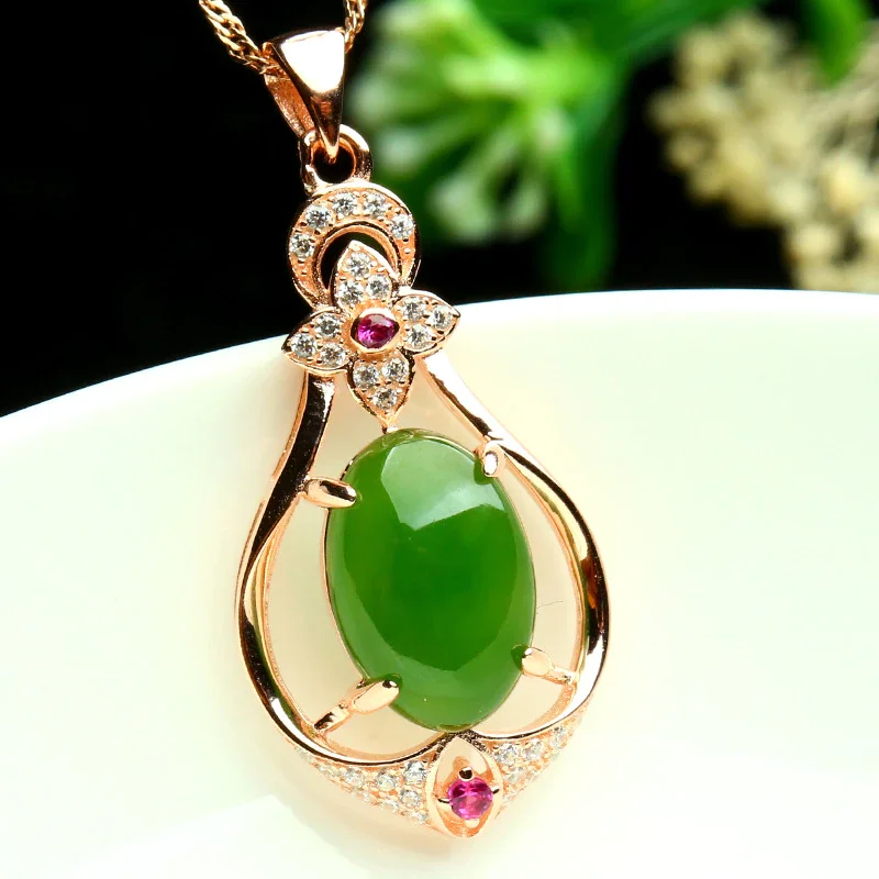 Natural Hetian Jade Sterling Silver Rose Gold Inlaid Green Jade Pendant Necklace for Women - Authentic Jade Jewelry from Xinjiang