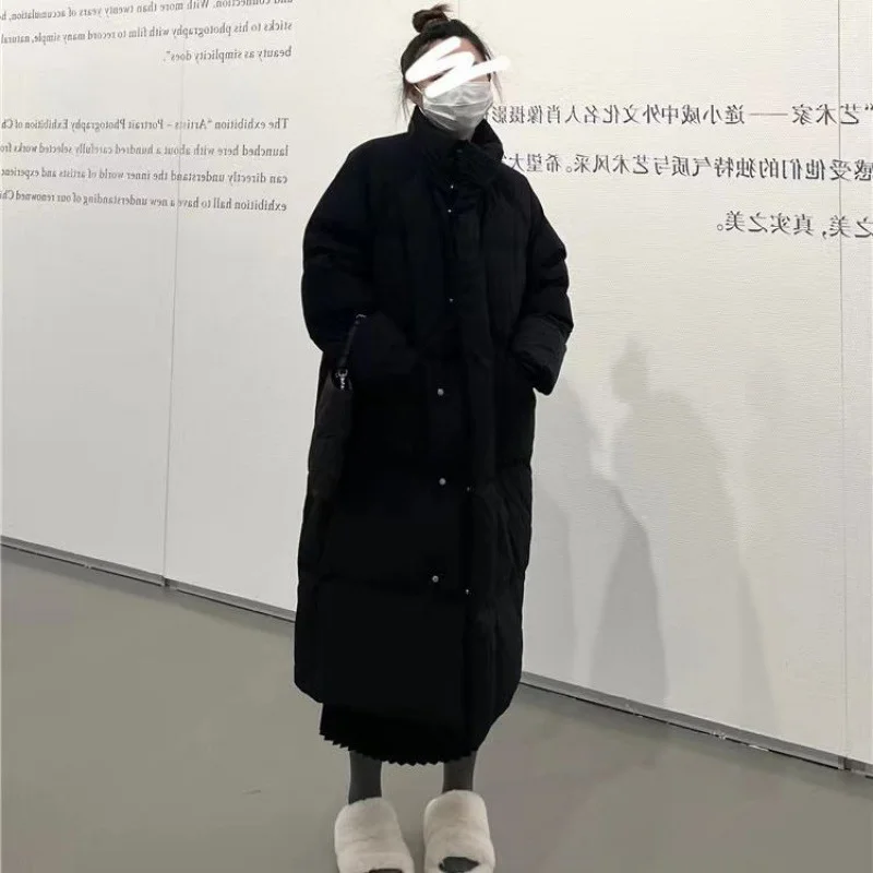 Toloer Standing Collar Long White Duck Down Down Jacket Female 2024 Winter New Thick Large Pocket Over The Knee Loose Warm Coat-Outfit Ideas