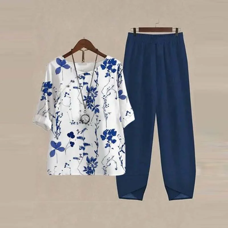 Women plus size clothing Women's Half Sleeve Scoop Neck Floral Printed Buttons Top & Pockets Design Long Pants Set-Nordswear