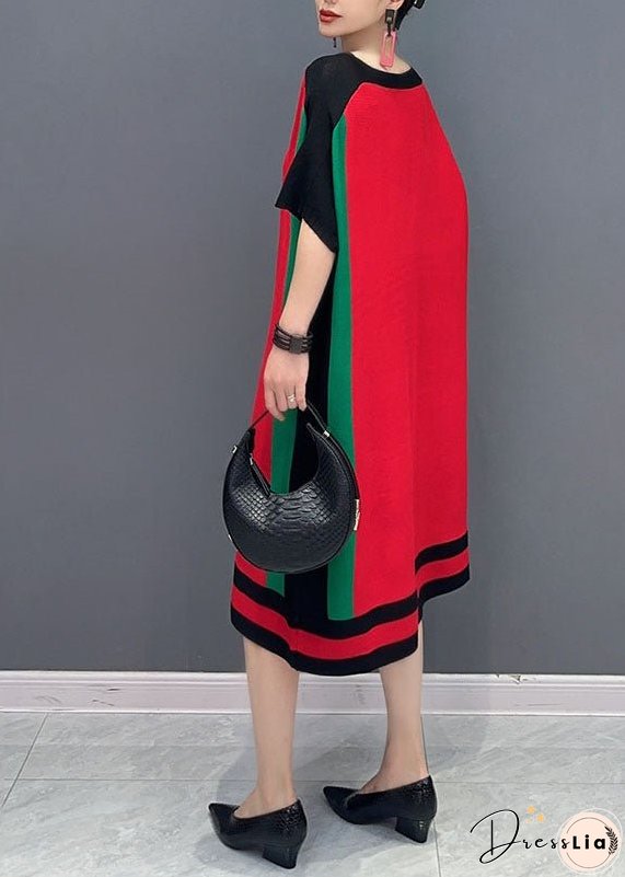 Loose Red O-Neck Knit Sweater Dresses Short Sleeve