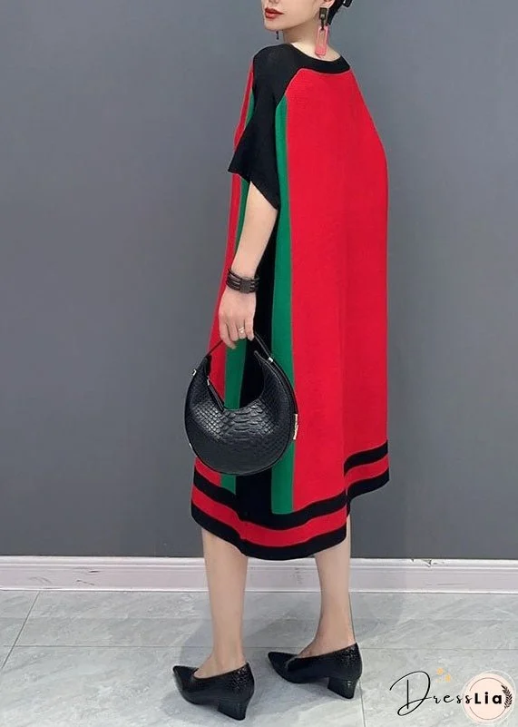 Loose Red O-Neck Knit Sweater Dresses Short Sleeve