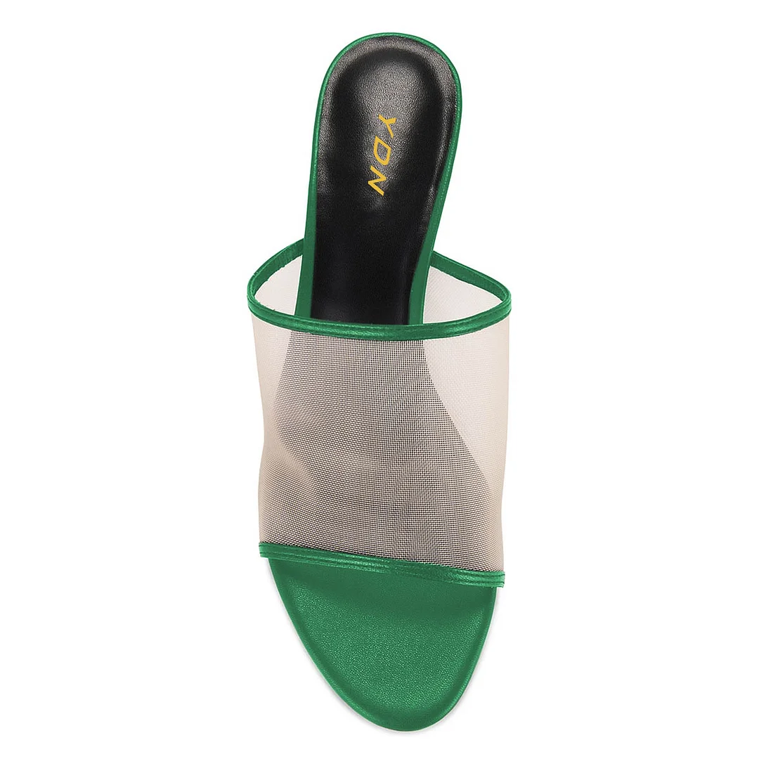 Green Vegan Leather and Mesh Open Round Toe Wedge Heel Mules for Women