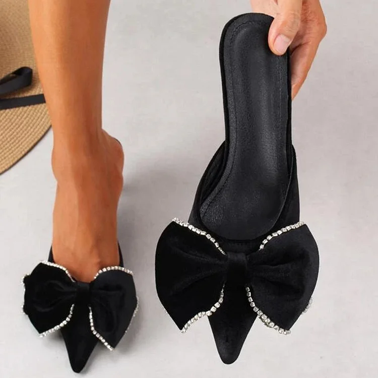 Black Pointed Mule Heels Women's Classic Velvet Bow Kitten Heel Pumps |FSJ Shoes