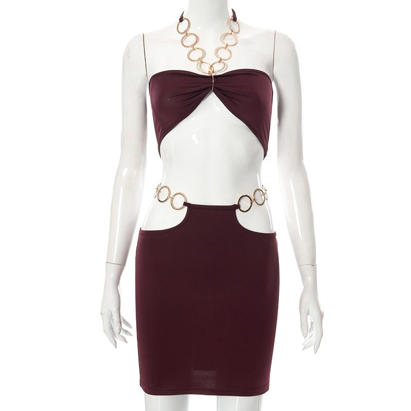 Hugcitar Metal Rings Halter Sleeveless Backless Crop Top Mini Dress 2 Pcs Set 2022 Sexy Women Streetwear Y2K Party Club