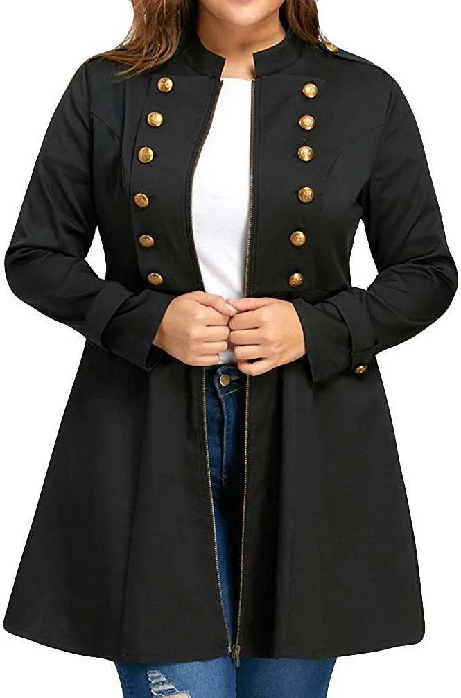 Women Fashion Plus Size Vintage Longline Coat Double Breasted Flare Windbreaker