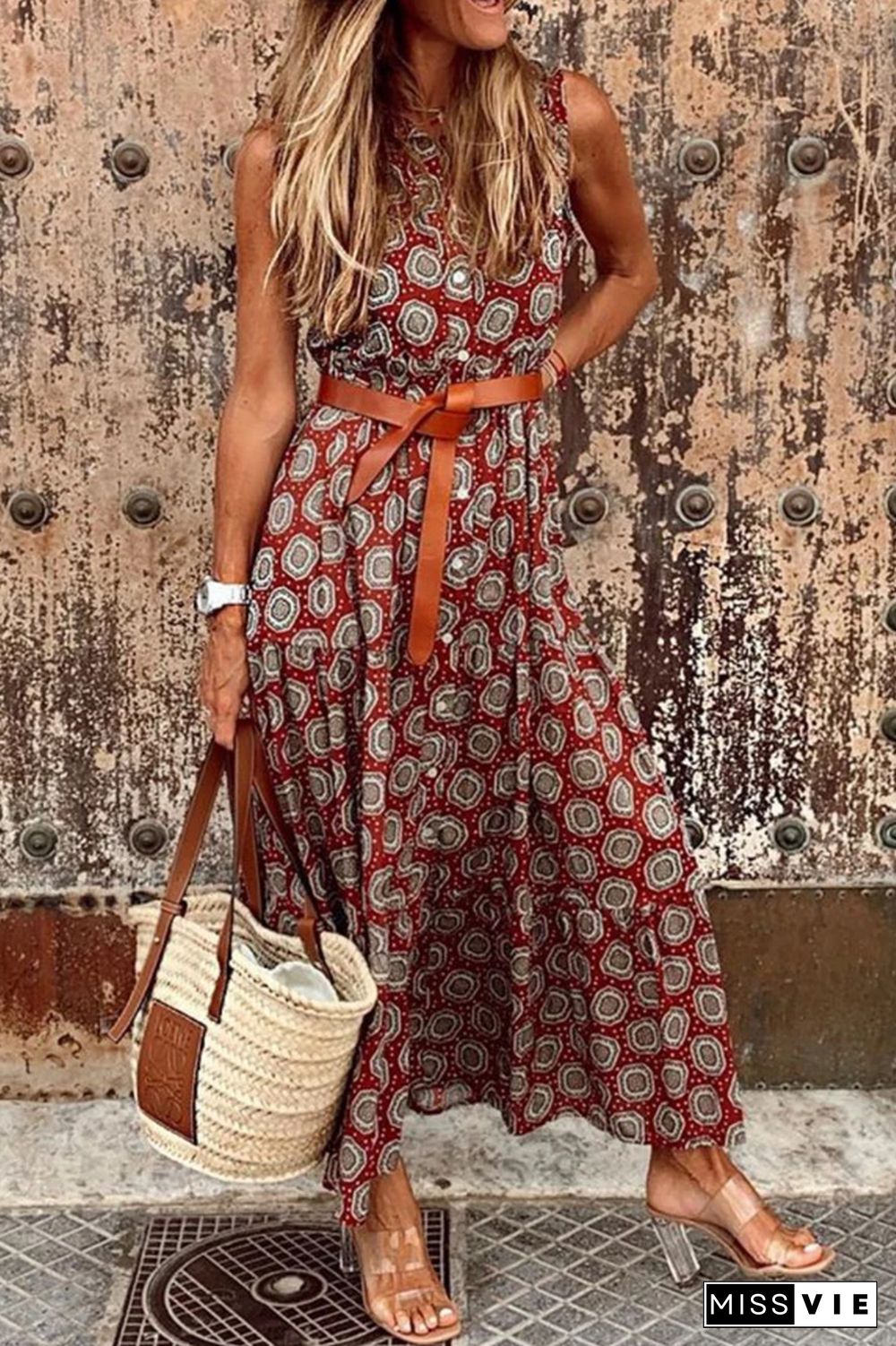 Casual Dot Buckle Basic Mandarin Collar A Line Dresses