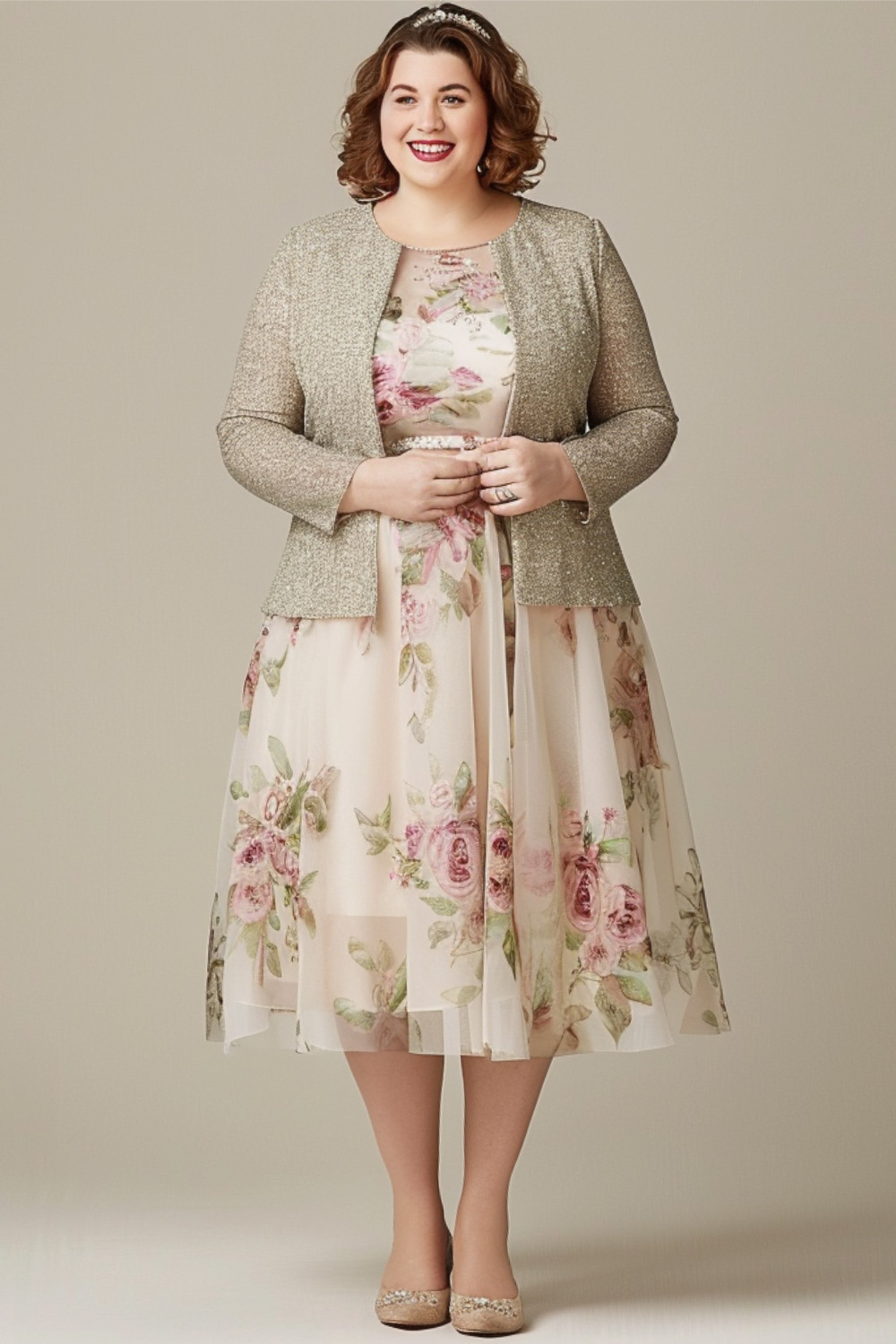 Flycurvy Plus Size Mother Of The Bride Light Pink Floral Print Chiffon Two Pieces Tea-Length Dress With Jacket 2024 - Flycurvy 