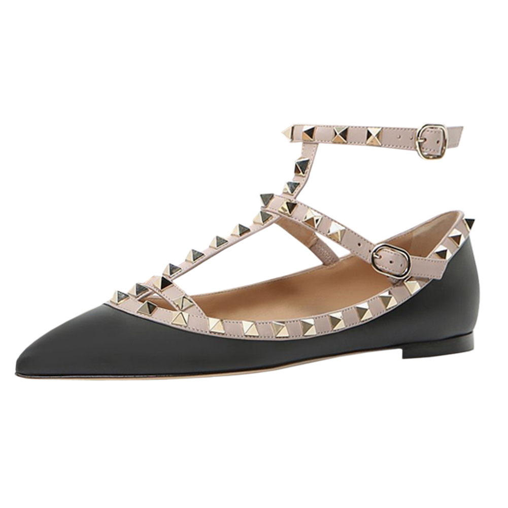 Women's Flats With Double Buckles Fashion Sexy Rivets Rockstud Daily Pointed Toe Ballet Matte Shoes-vocosishoes