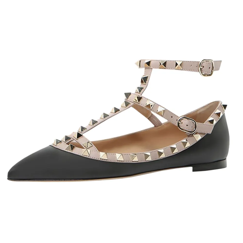 Women's Flats With Double Buckles Fashion Sexy Rivets Rockstud Daily Pointed Toe Ballet Matte Shoes-vocosishoes