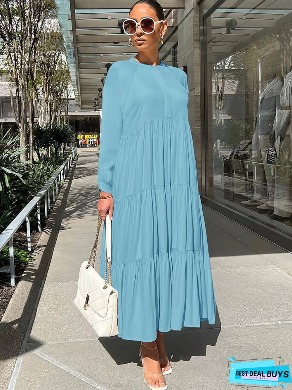 Long Sleeve Solid Ruffle Swing Maxi Dresses