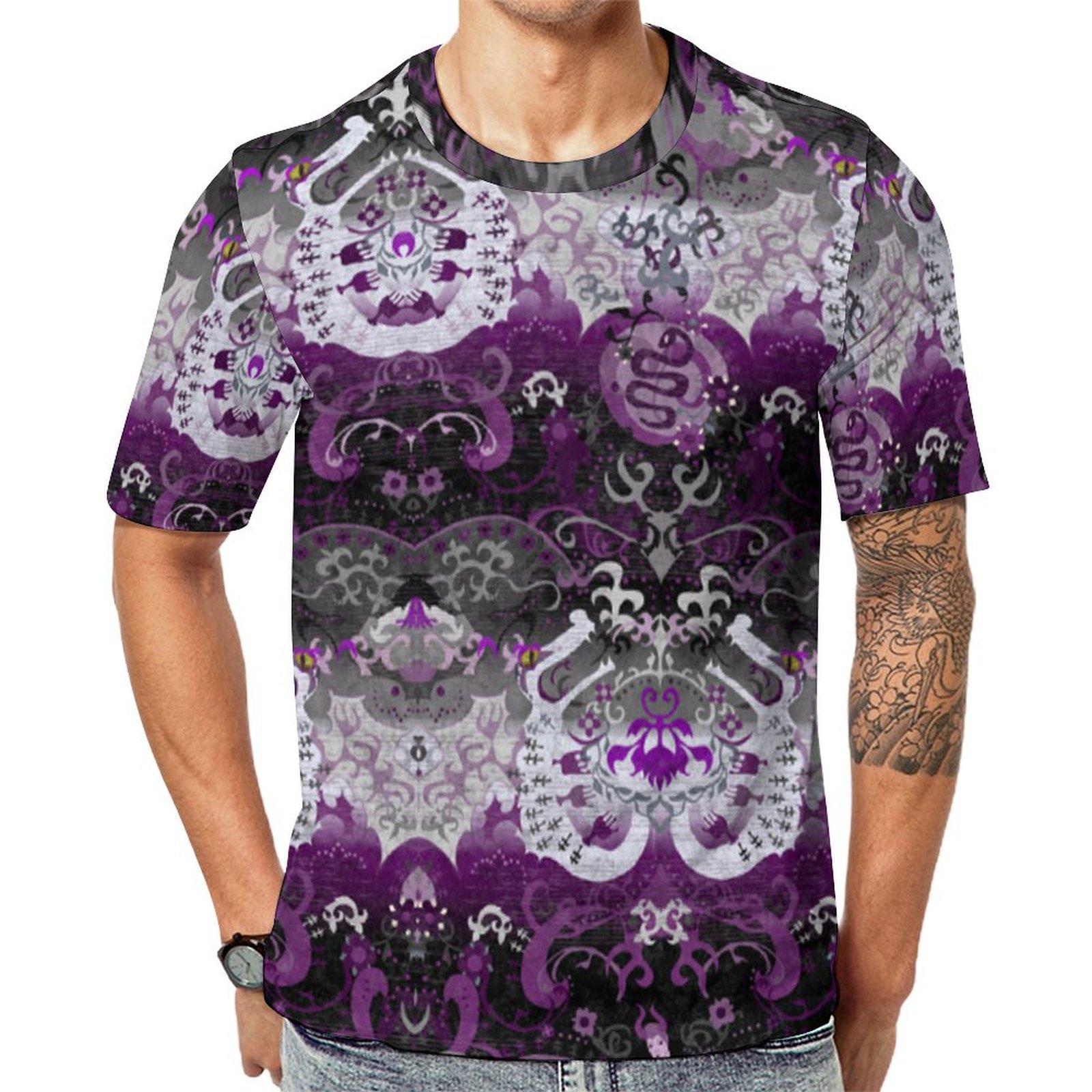 Asexual Dragon Damask Ace Pride Flag Colors Short Sleeve Print Unisex Tshirt Summer Casual Tees for Men and Women Coolcoshirts