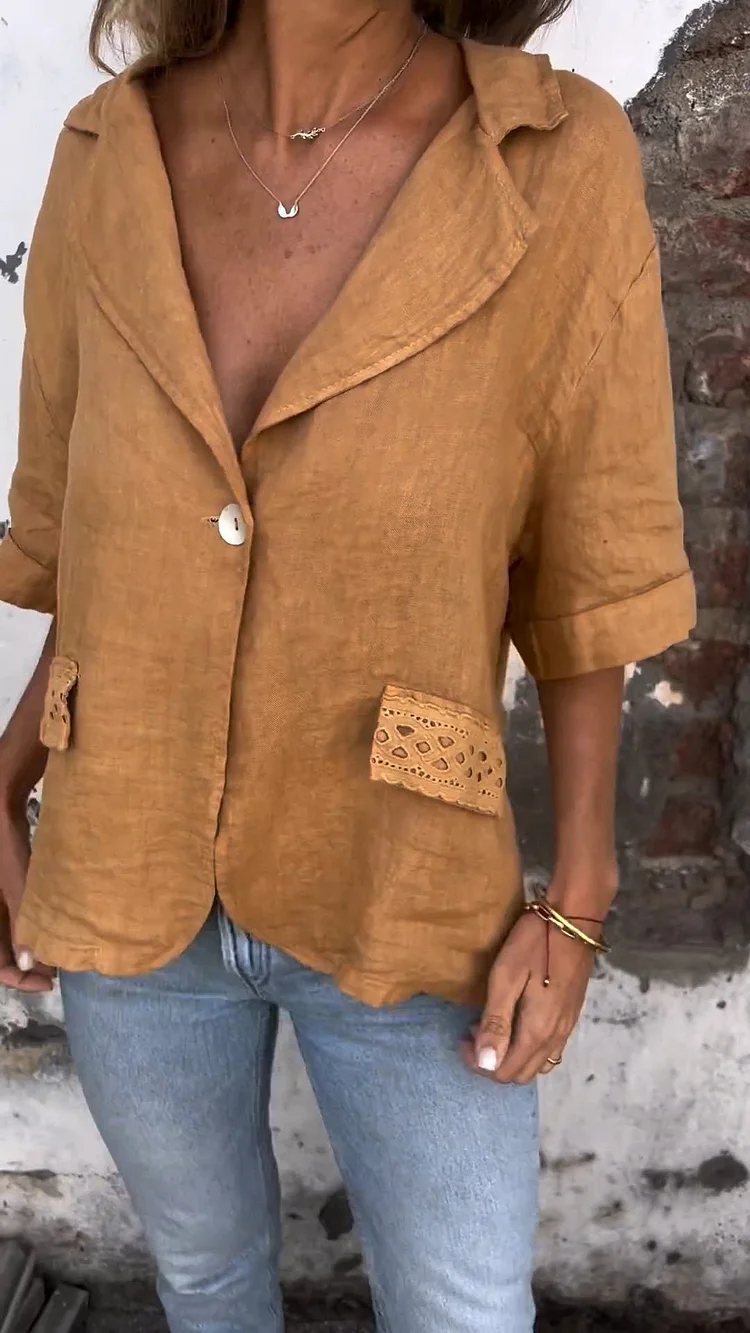 Cotton and Linen Deep V-neck Lapel Top