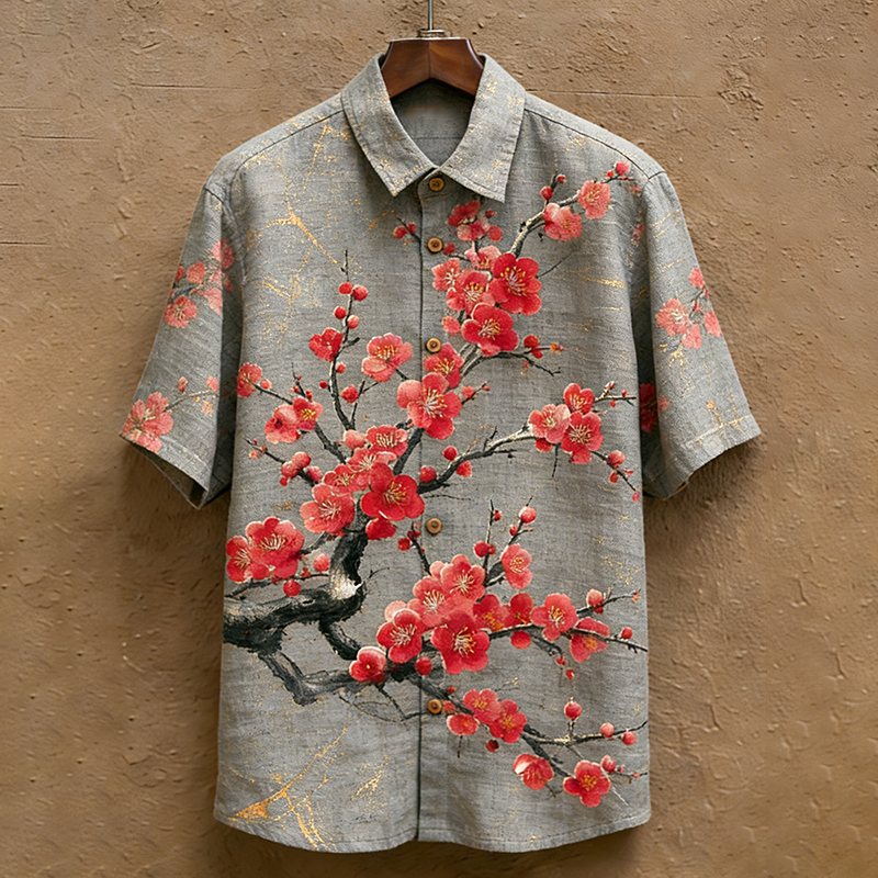 Men's Japanese-style Artistic Floral Print Short-sleeved Shirt  artssus