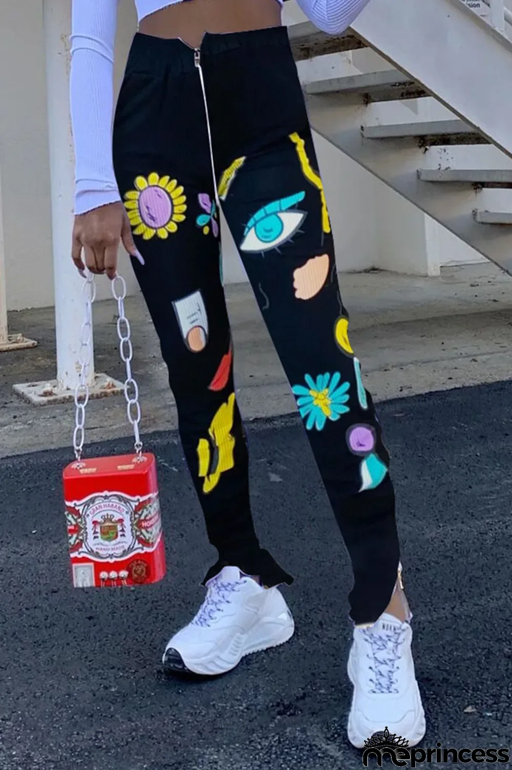 Red Polyester Zipper Fly High Print pencil Pants Bottoms