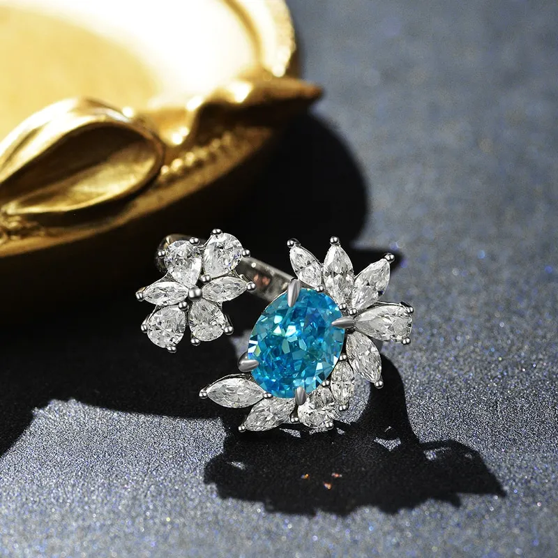 100% 925 Sterling Silver 7*9mm Oval Padma Aquamarine Yellow High Carbon Diamond Flower Rings For Women Party Fine Jewelry