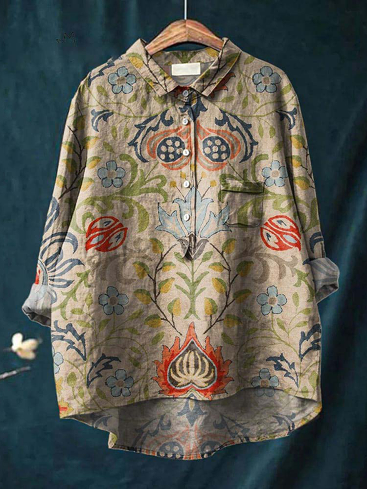 Comstylish Women's Vintage Ethnic Floral Art Print Casual Cotton Linen Shirt